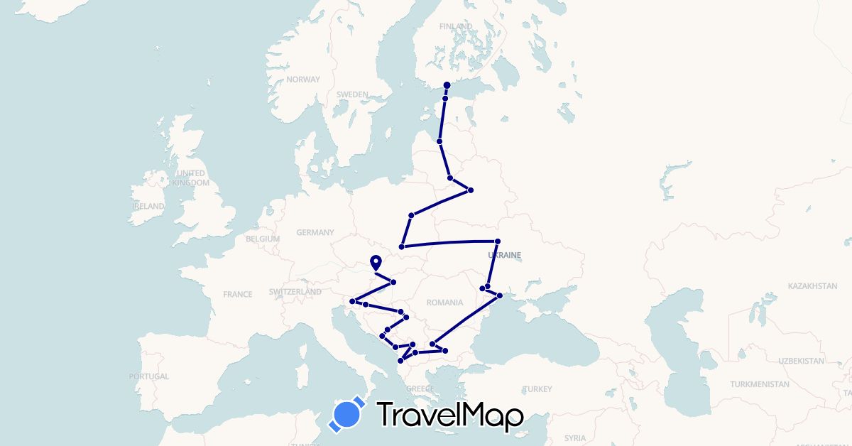 TravelMap itinerary: driving in Albania, Bosnia and Herzegovina, Bulgaria, Belarus, Estonia, Finland, Croatia, Hungary, Lithuania, Latvia, Moldova, Montenegro, Macedonia, Poland, Serbia, Slovenia, Slovakia, Ukraine, Kosovo (Europe)